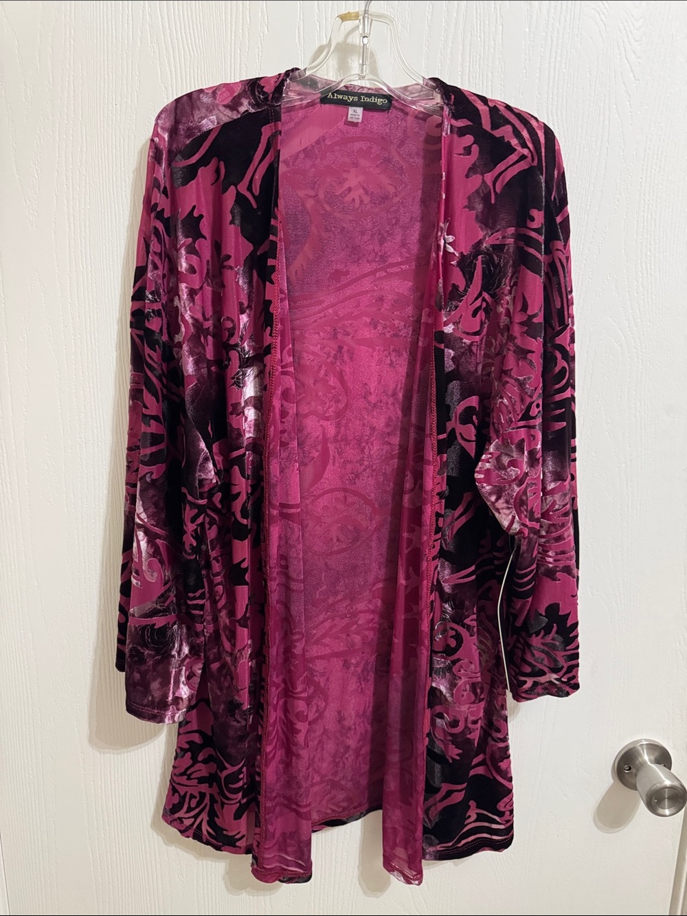 Always Indigo Burnout Velvet Kimono Berry Floral 3/4 Sleeve XL NWT Open Front - Picture 2 of 16